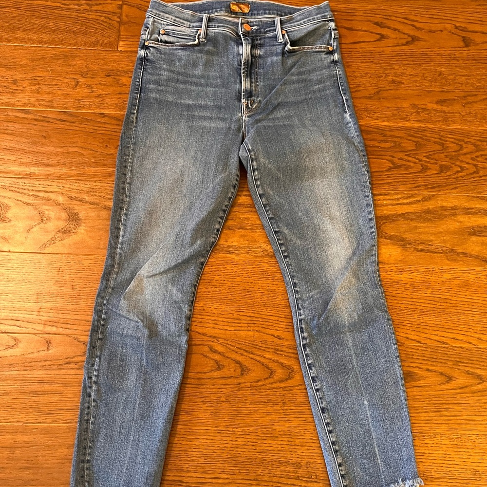 MOTHER Stunner Zip Ankle Step Fray Light Blue Skinny Jeans